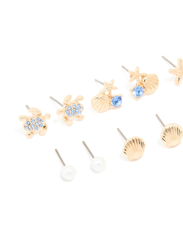 Kids Gold Blue Diamante Turtle & Starfish Stud Earrings 6-Pack
