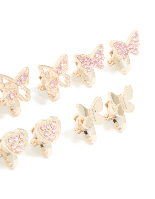 Kids Rose Gold Pink Diamante Butterfly Clip On Earrings 5-Pack