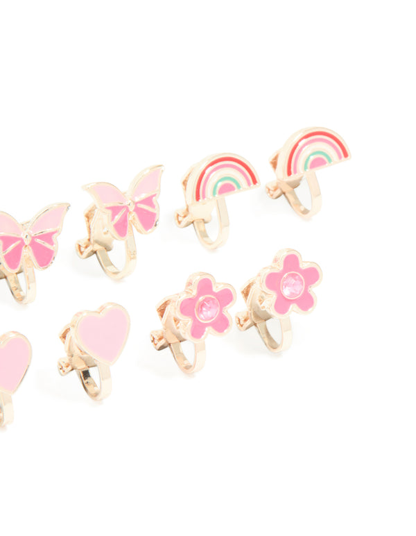 Kids Rose Gold Rainbow & Pink Bow Clip On Earrings 6-Pack
