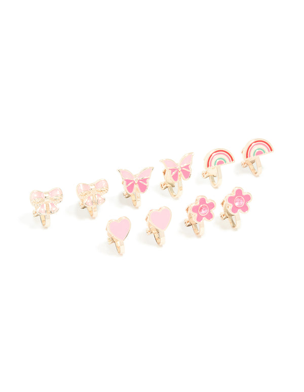 Kids Rose Gold Rainbow & Pink Bow Clip On Earrings 6-Pack