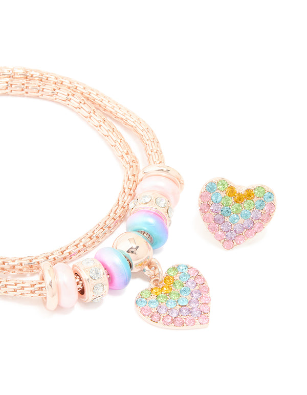 Kids Rose Gold Rainbow Diamante Heart Necklace & Ring Set