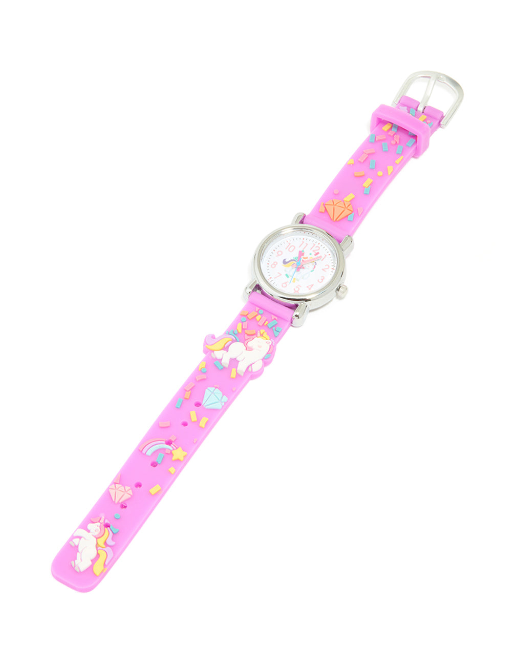 Explore a kids pink unicorn confetti watch, white dial showcasing numbers in a round shape, designed for kid for casual occasions, crafted from silicone analog timepiece front view