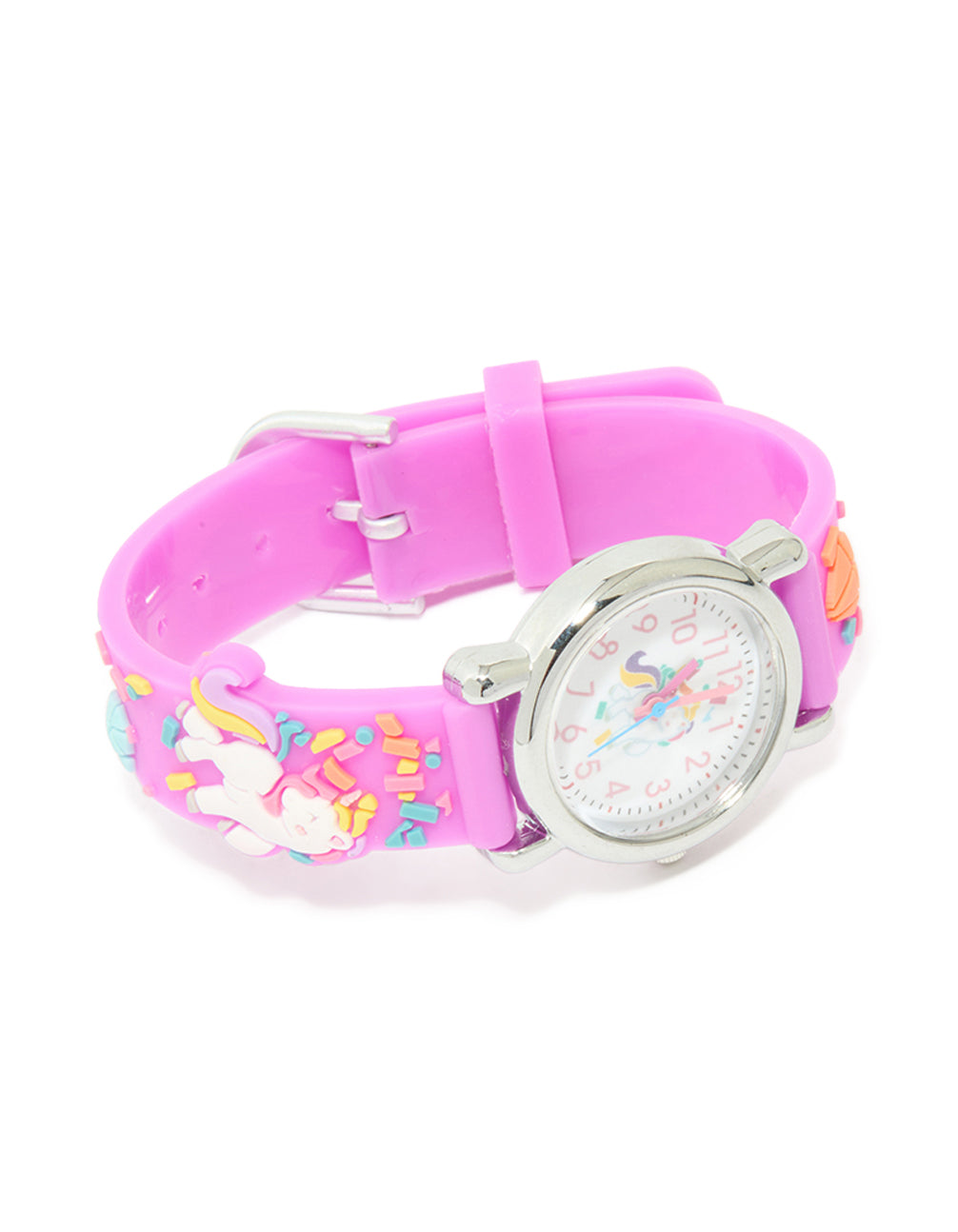 Browse a kids pink unicorn confetti watch, white dial displaying numbers in a round shape, designed for kid for casual occasions, crafted from silicone analog timepiece case detail view