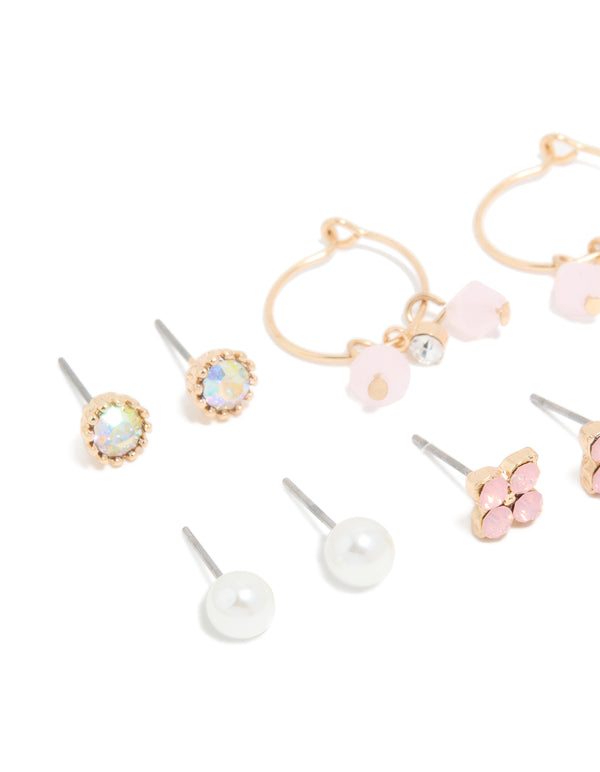 Gold Pearl & Floral Stud Earrings 7-Pack