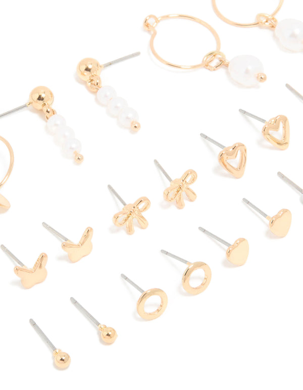 Gold Pearl & Heart Earrings 12-Pack