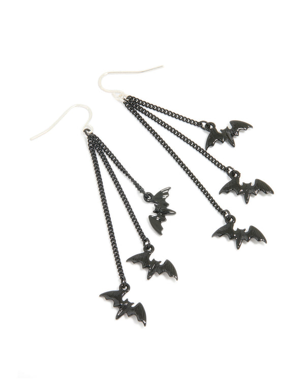 Silver Black Chain Bat Drop Earrings