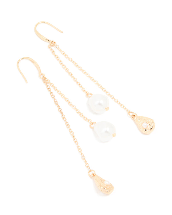 Gold Pearl Chain Drop Earrings