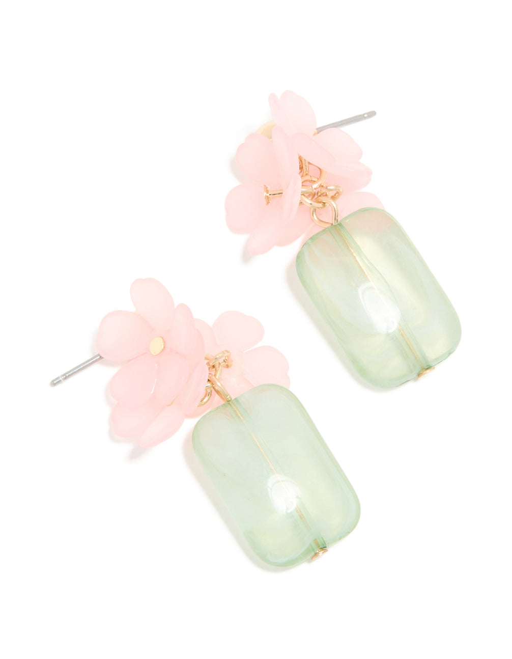Gold Green Marble Stone & Pink Flower Drop Earrings