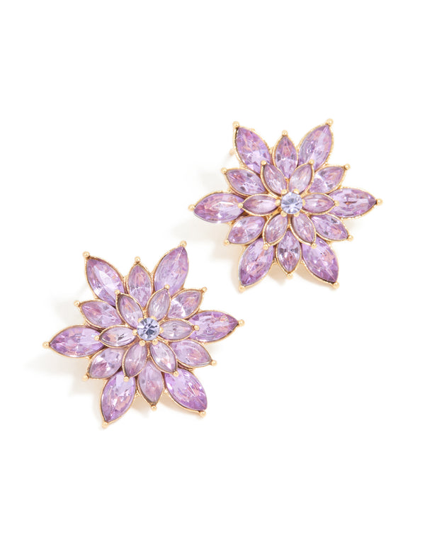 Gold Pink Diamante Marquise Flower Stud Earrings