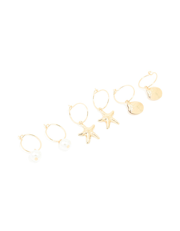Gold Pearl Shell & Starfish Huggie Earrings 3-Pack