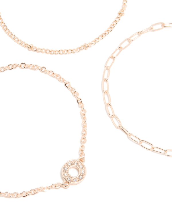 Rose Gold Diamante Circle & Chain Bracelets 3-Pack