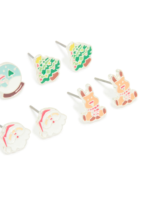 Kids Silver Snow Globe & Gingerbread Man Stud Earrings 6-Pack