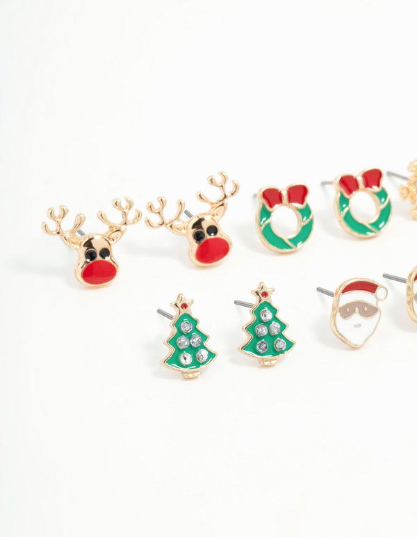 Kids Snowman & Reindeer Stud Earrings 6-Pack