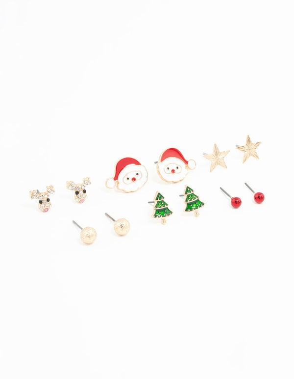 Kids Gold Santa Face & Star Stud Earrings 6-Pack