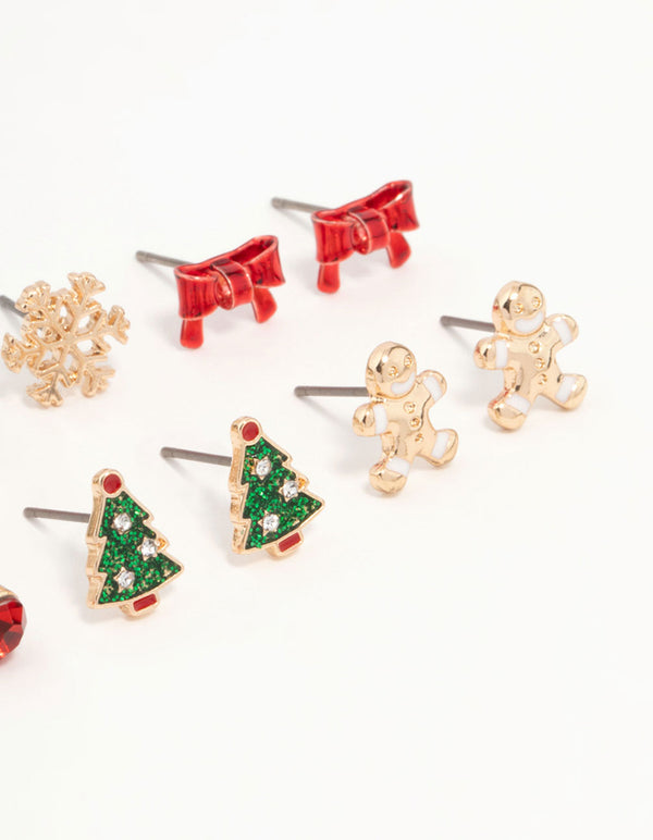 Kids Gold Santa Hat & Gingerbread Man Stud Earrings 6-Pack
