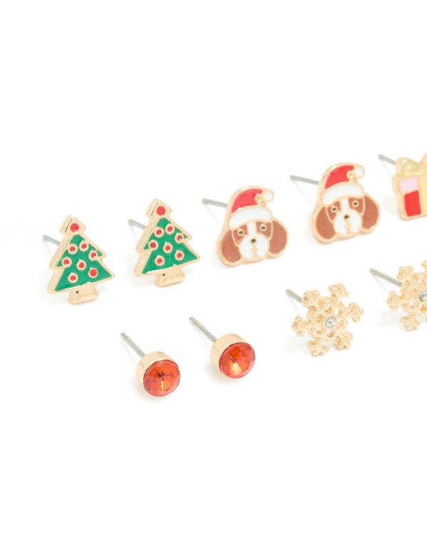 Kids Gold Candy Cane & Present Stud Earrings 6-Pack