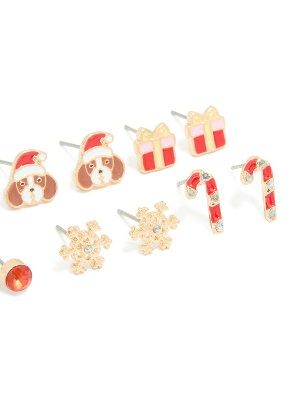 Kids Gold Candy Cane & Present Stud Earrings 6-Pack