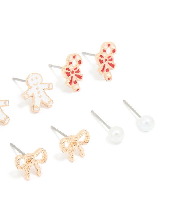 Kids Gold Stocking & Candy Cane Stud Earrings 6-Pack