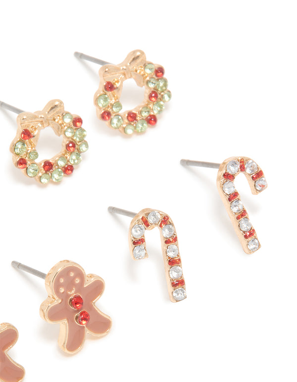 Kids Gold Diamante Gingerbread Man & Wreath Stud Earrings 6-Pack