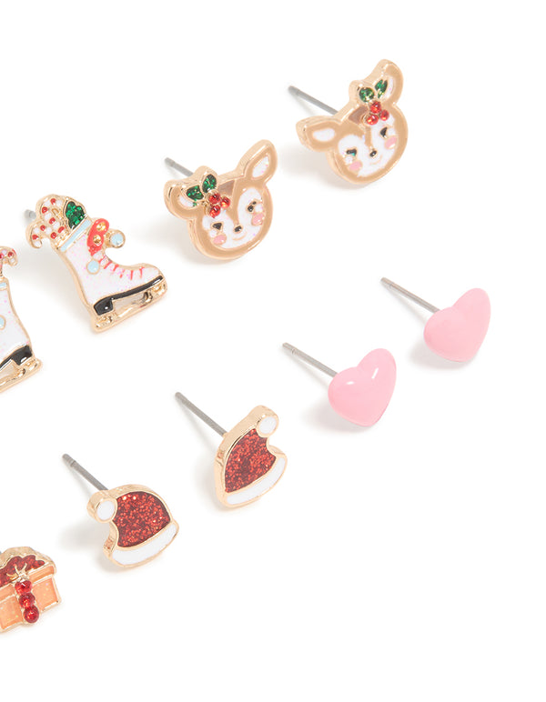 Kids Gold Ice Skate & Present Earrings 6-Pack