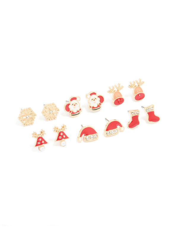 Kids Gold Red Santa & Stocking Earrings 6-Pack