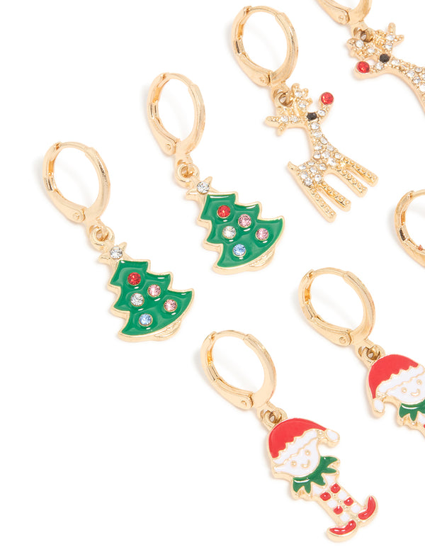 Kids Gold Candy Cane & Red Nosed Reindeer Huggie Earrings 4-Pack