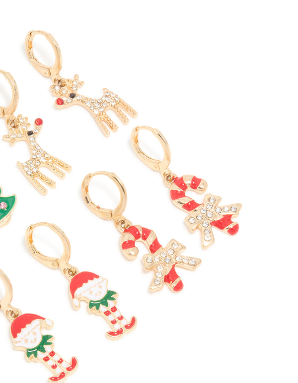 Kids Gold Candy Cane & Red Nosed Reindeer Huggie Earrings 4-Pack