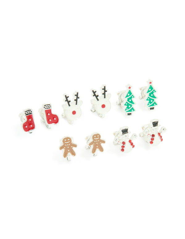 Kids Silver Snowman & Gingerbread Man Clip On Earrings 5-Pack
