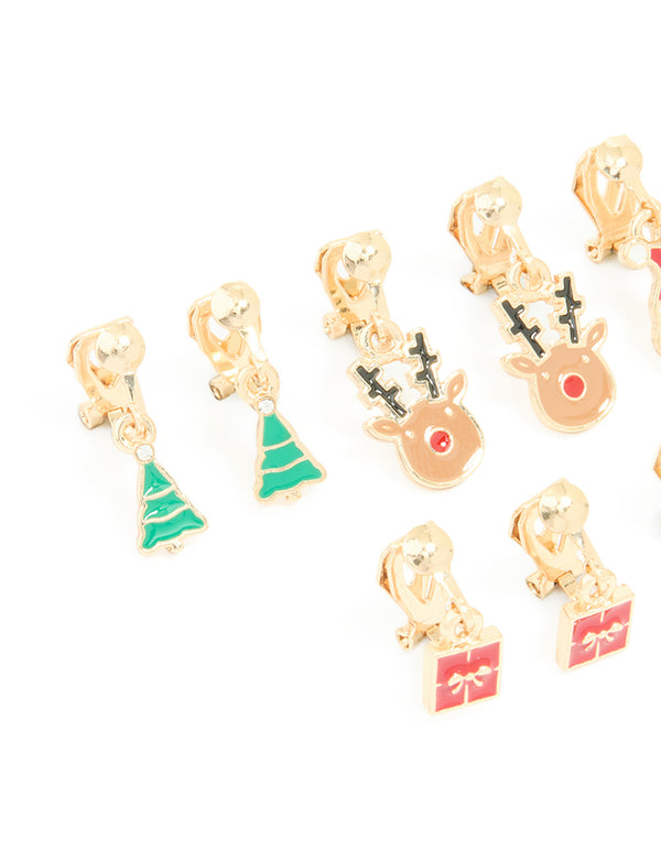 Kids Gold Present & Santa Clip On Earrings 5-Pack