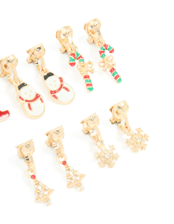 Kids Gold Stocking & Snowman Clip On Earrings 6-Pack