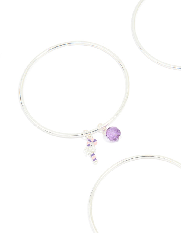 Kids Silver Purple Candy Cane & Santa Bangles 4-Pack