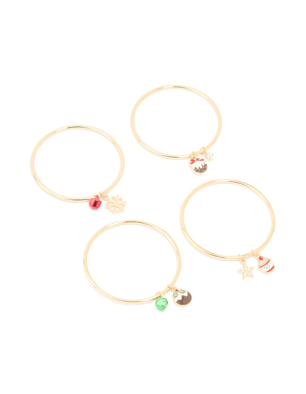 Kids Gold Festive Pudding & Snowman Bangles 4-Pack