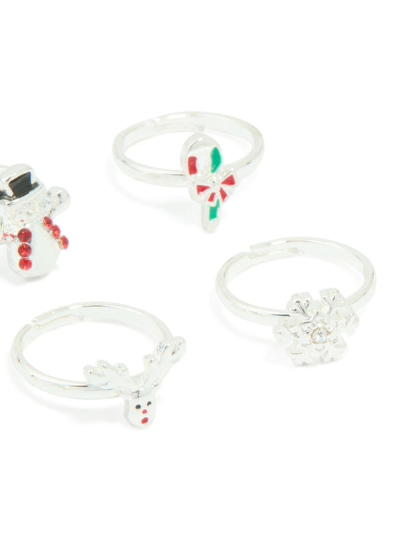 Kids Silver Gingerbread Man & Snowflake Adjustable Rings 6-Pack