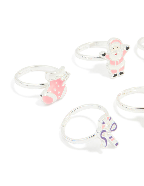 Kids Silver Santa & Winter Gloves Rings 6-Pack