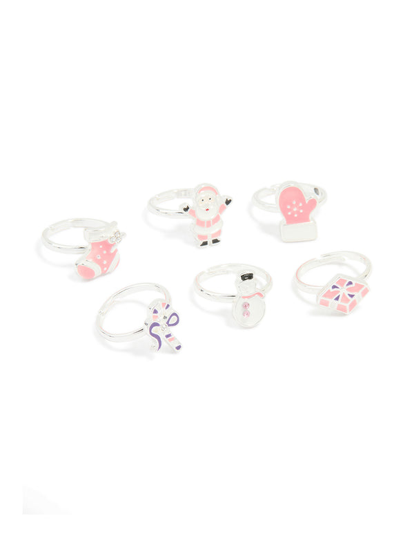 Kids Silver Santa & Winter Gloves Rings 6-Pack