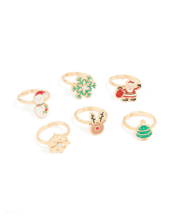 Kids Gold Snowman & Reindeer Rings 6-Pack