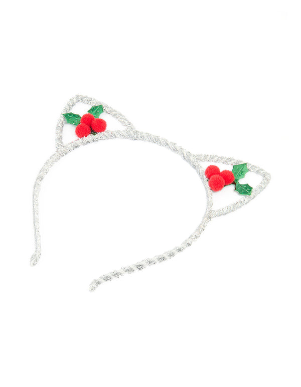 Kids Silver Tinsel Holly Reindeer Headband