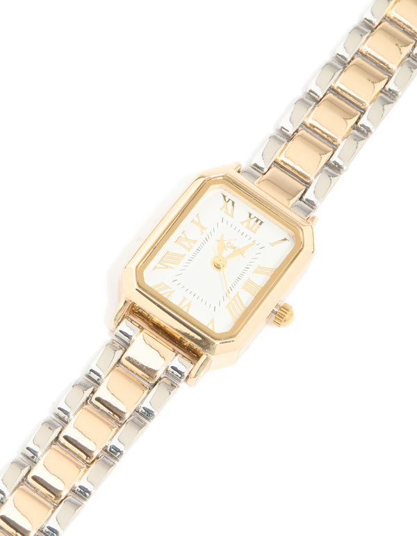 Mixed Metals Rectangle Roman Numeral Watch