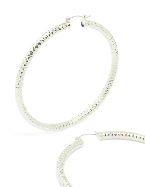 Silver Criss Cross Textured Medium Hoop Earrings