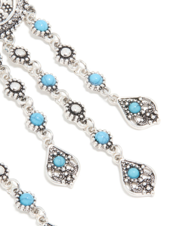 Antique Silver Blue Circle Drop Earrings