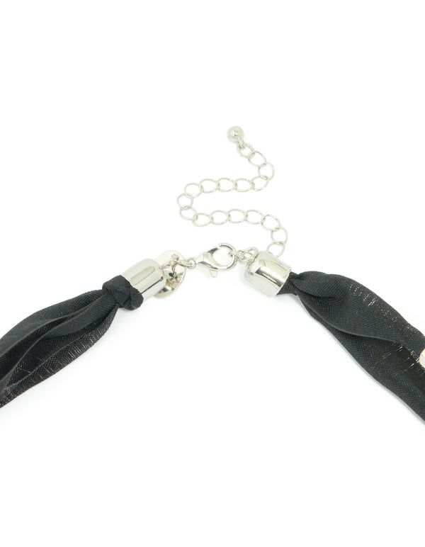 Silver Black Cord Fabric Orb Necklace
