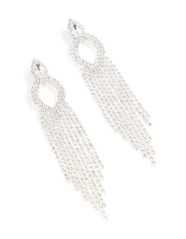 Silver Diamante Pear Tassel Drop Earrings