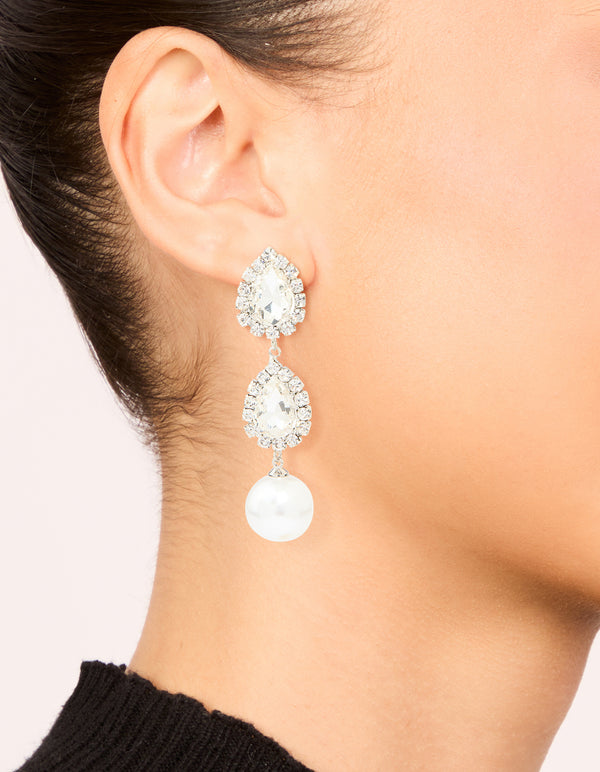 Silver Pearl Diamante Pear Drop Earrings