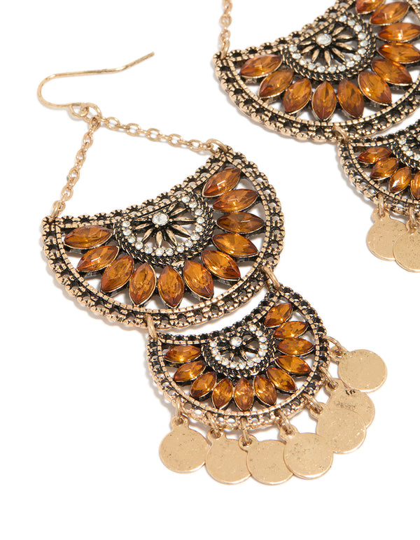 Antique Gold Orange Diamante Statement Coin Drop Earrings