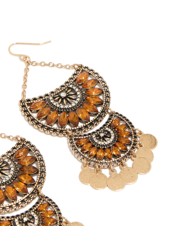 Antique Gold Orange Diamante Statement Coin Drop Earrings