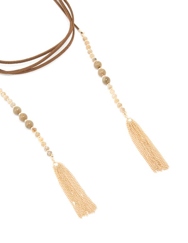 Gold Brown Suede Wrap Tassel Long Necklace