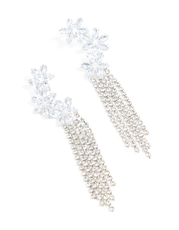 Silver Cubic Zirconia Flower Cupchain Drop Earrings