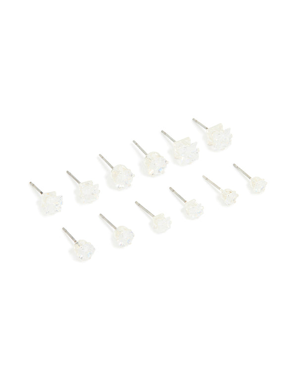 Silver Multi-Shape Cubic Zirconia Stud Earrings 6-Pack