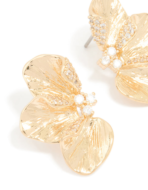 Gold Cubic Zirconia Flower Stud Earrings