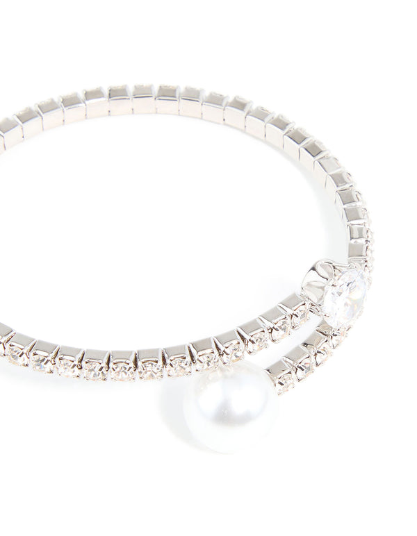 Silver Cubic Zirconia Round Pearl Wrist Cuff